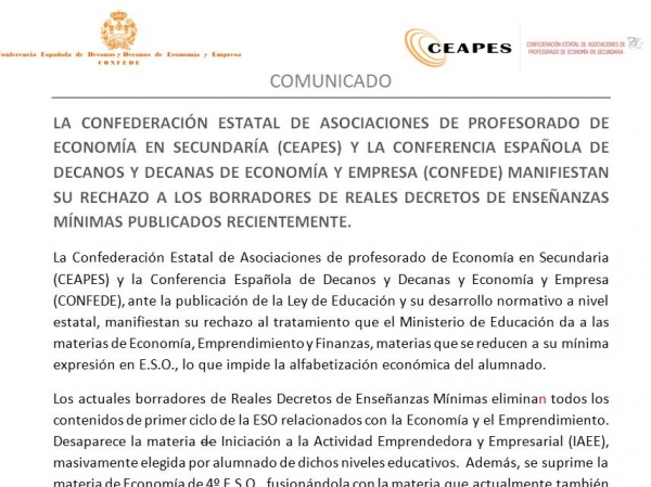 Comunicado: CEAPES-CONFEDE manifiestan su rechazo a los borradores de RD E. Mínimas